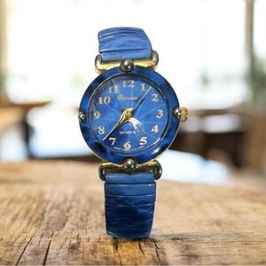 (912)Vintage Ronica Quartz Wrist Watch Working Blue Marbled Case & Bracelet